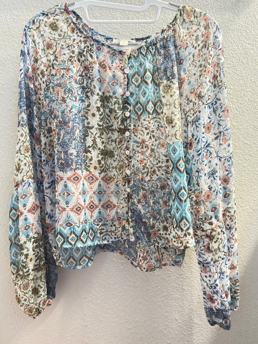 Sheer Boho Print with Metallic Gold Shimmer Peasant Top- Size Large